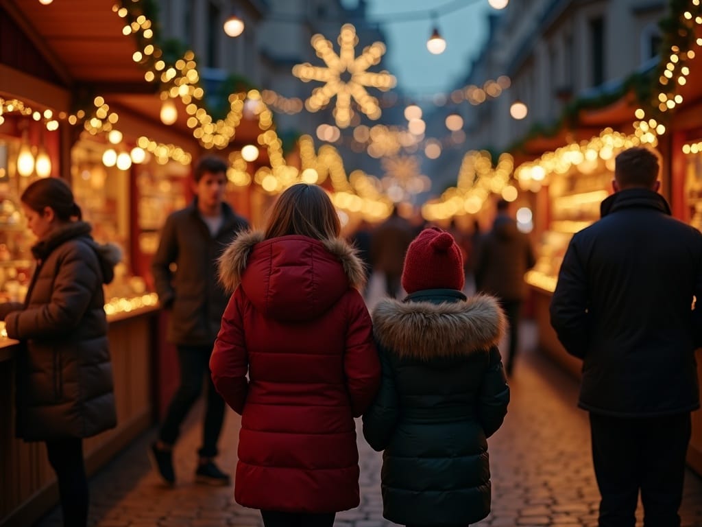 Dansk familie nyder julestemning på britisk udendørs julemarked med lys og dekorationer