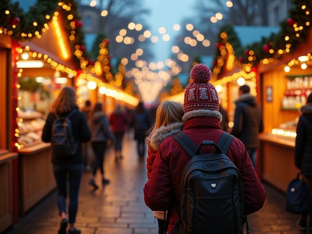 Dansk familie nyder julemarked i London under aftenens festlige lys