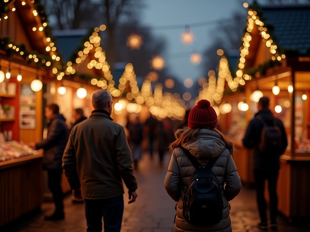 Dansk familie besøger julemarked i Storbritannien med festlige aftenlys