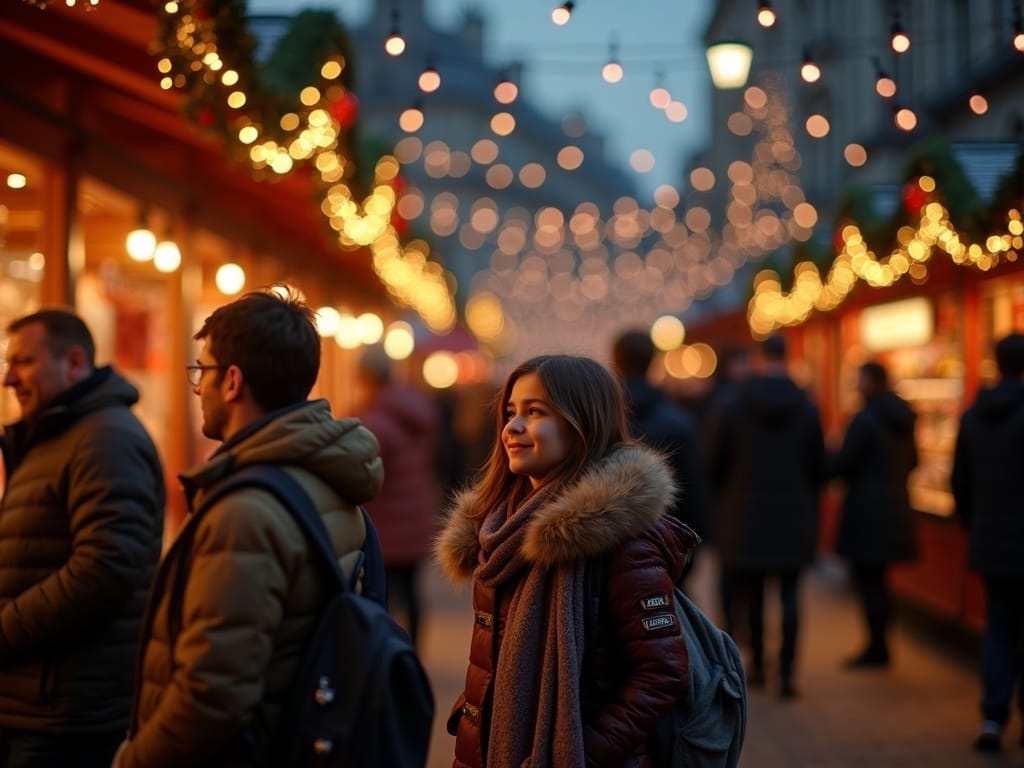 Dansk familie nyder julemarked i Storbritannien under festlige aftenslys