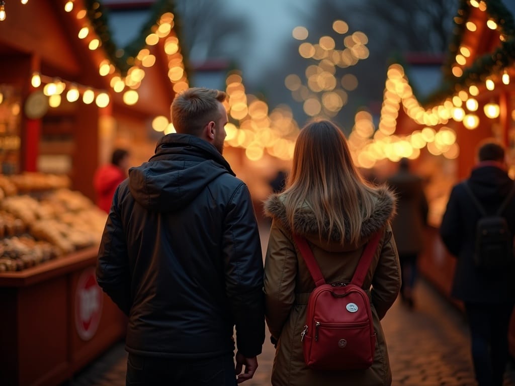 Familie går gennem britisk julemarked med festlige lys og boder i rødt, grønt og guld om aftenen