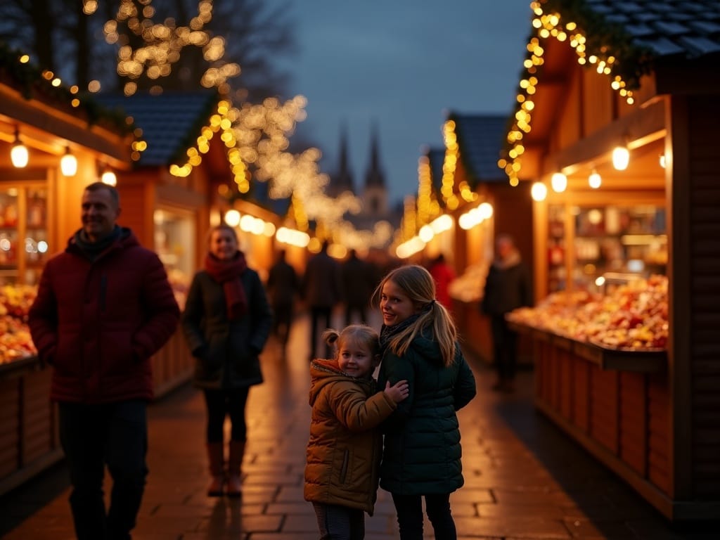 Dansk familie besøger julemarked i Storbritannien med festlige lys og dekorationer