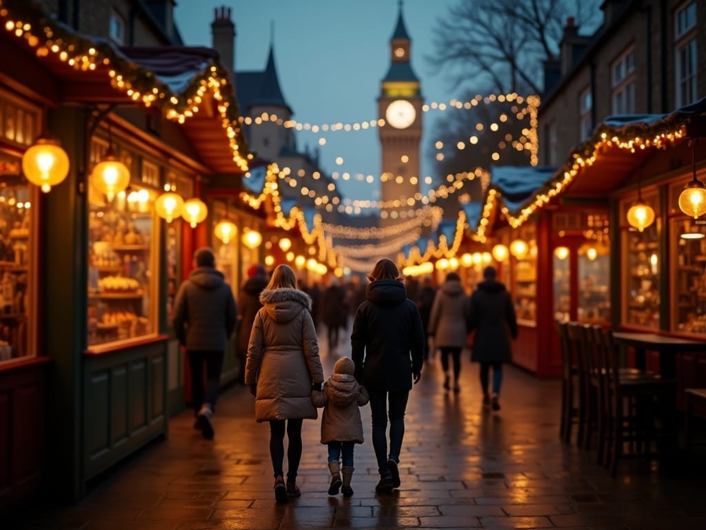 Dansk familie nyder julemarked i Camden, London med festlige lys og boder