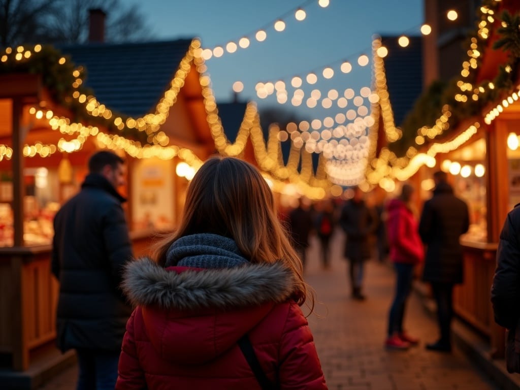 Dansk familie nyder aftenens julemarked med lys og farver i Storbritannien