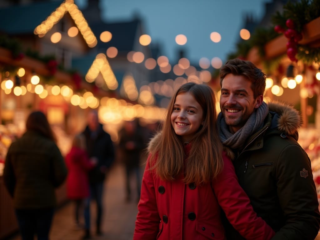 Dansk familie nyder julemarked i Storbritannien omgivet af lys og boder