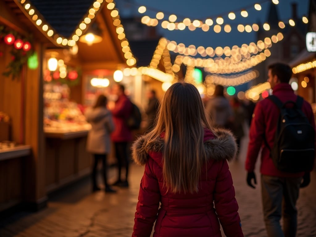 Dansk familie nyder aftenstemning på udendørs julemarked i Storbritannien