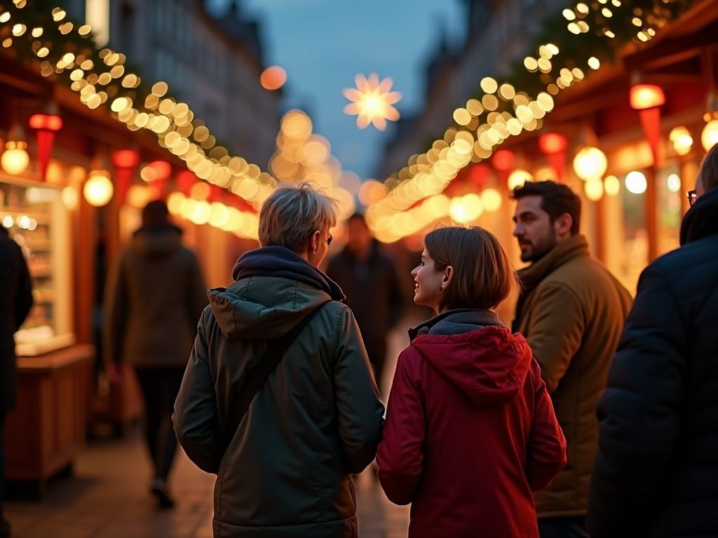 Dansk familie nyder aften på julemarked i Storbritannien med festlige julelys