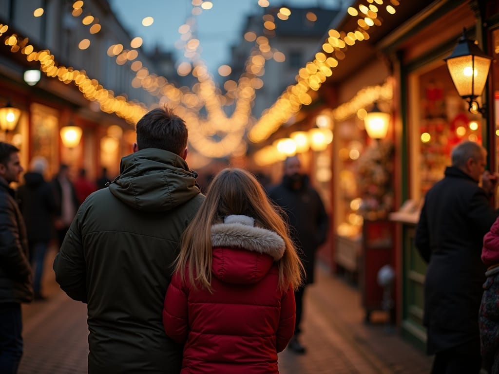 Dansk familie besøger julemarked i Storbritannien under aftenens festlige lys