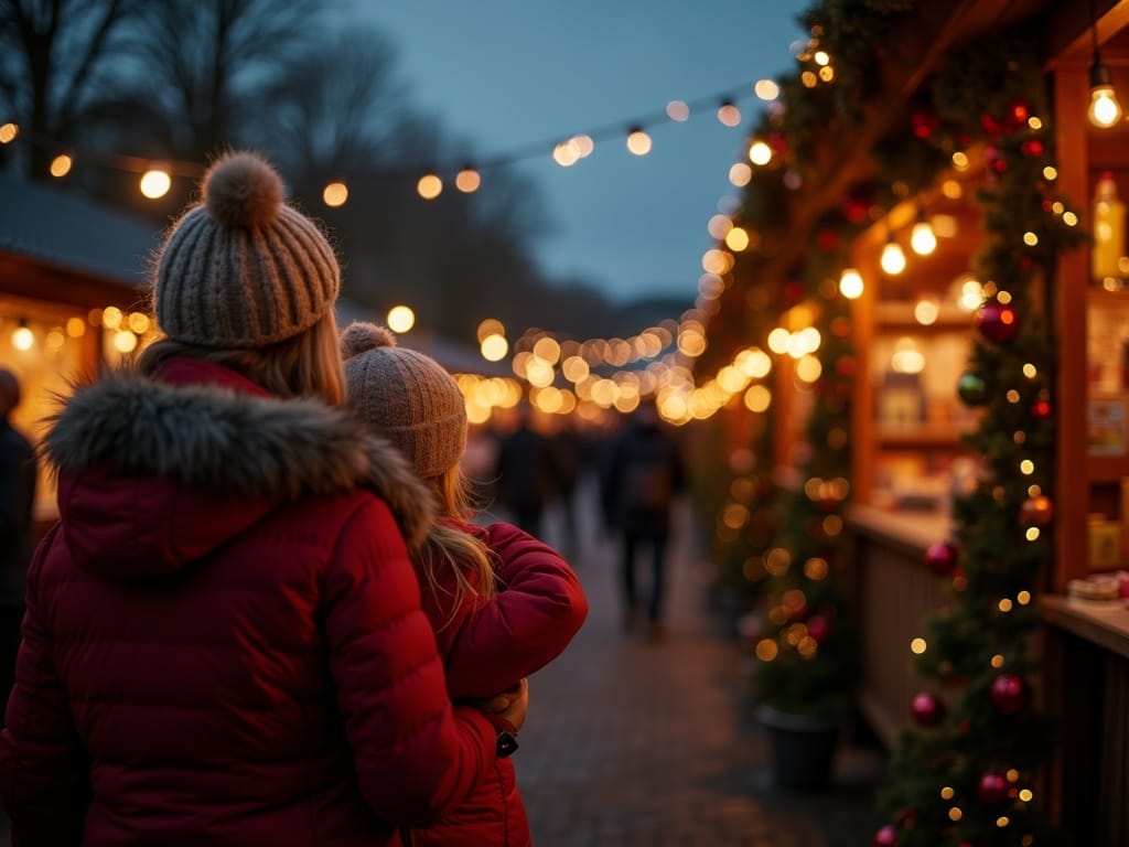 Dansk familie nyder julemarked i Skotland med aftenbelysning