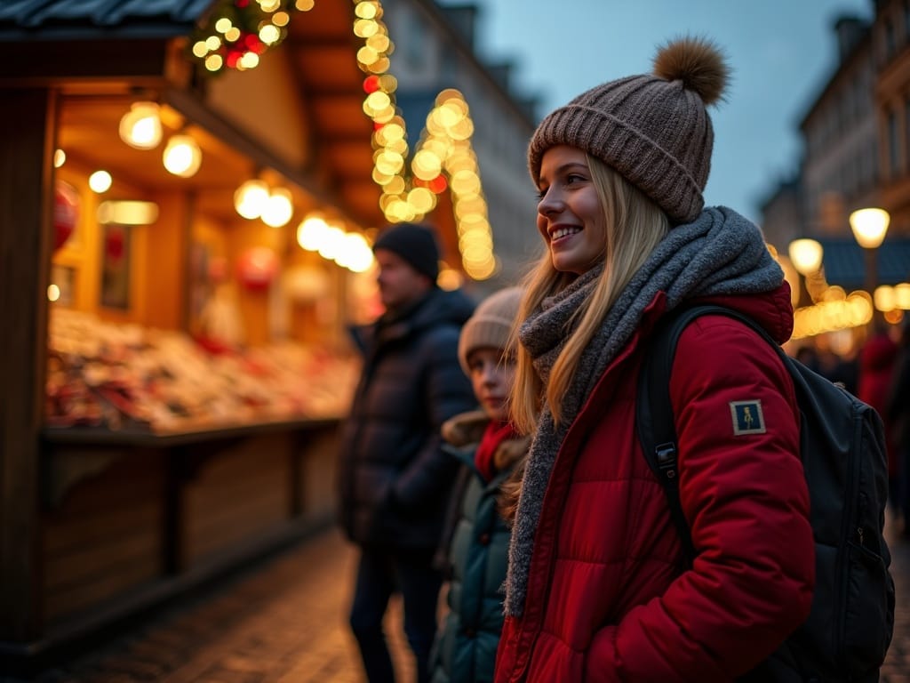 Dansk familie besøger julemarked i Skotland med festlige lys om aftenen