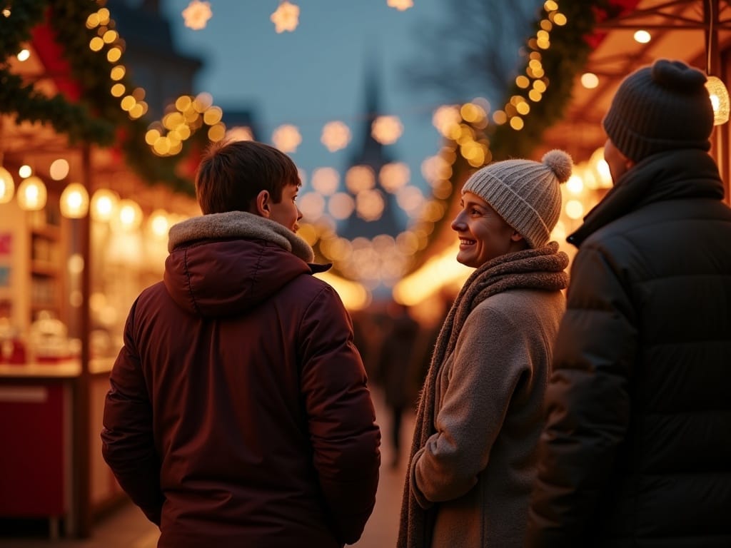 Familie besøger julemarked i Storbritannien med festlige lys og boder en vinteraften