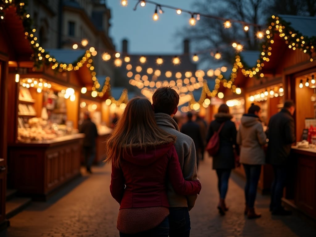 Familie nyder julemarked i Bath med lys, dekorationer og boder i baggrunden