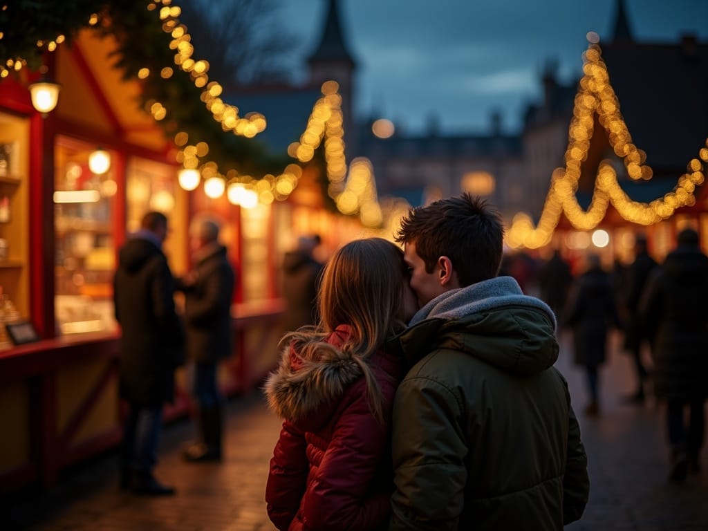 Dansk familie på julemarked i Storbritannien omgivet af festlige lys