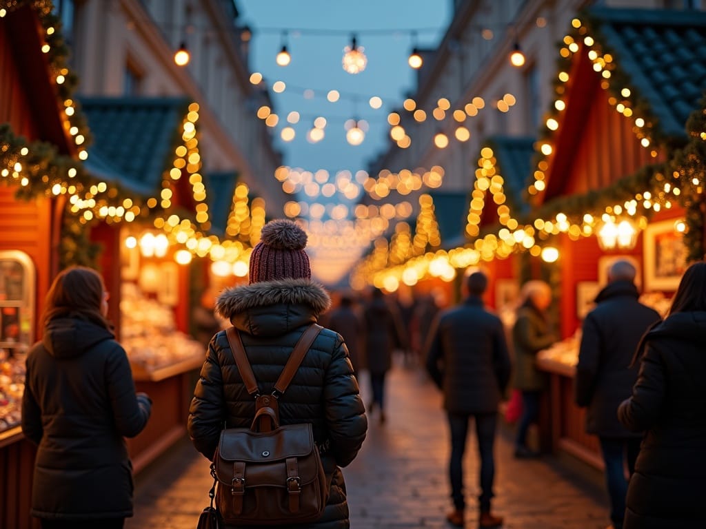 Dansk familie nyder julemarked i Storbritannien under aftenens festlige lys