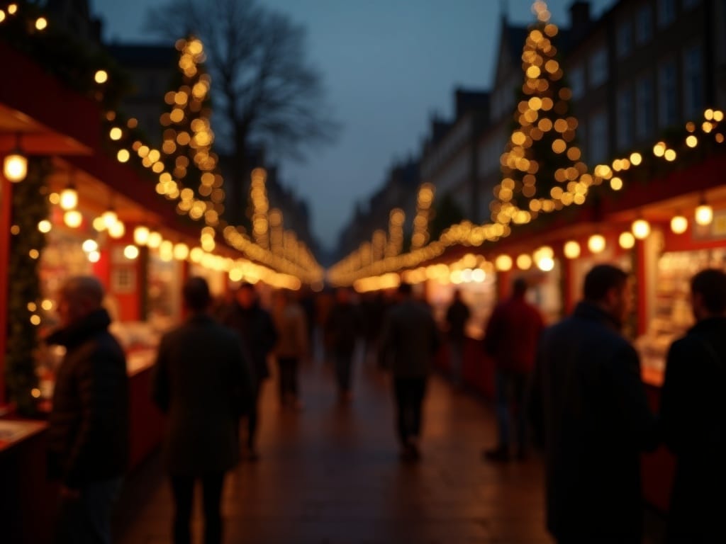 Familie nyder aftenen på et julemarked i England med lys og boder