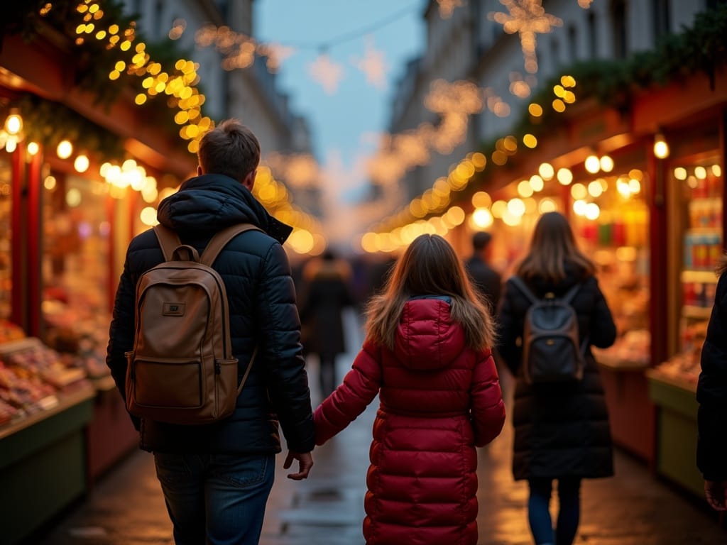 Dansk familie shopper på britisk julemarked med lys og dekorationer