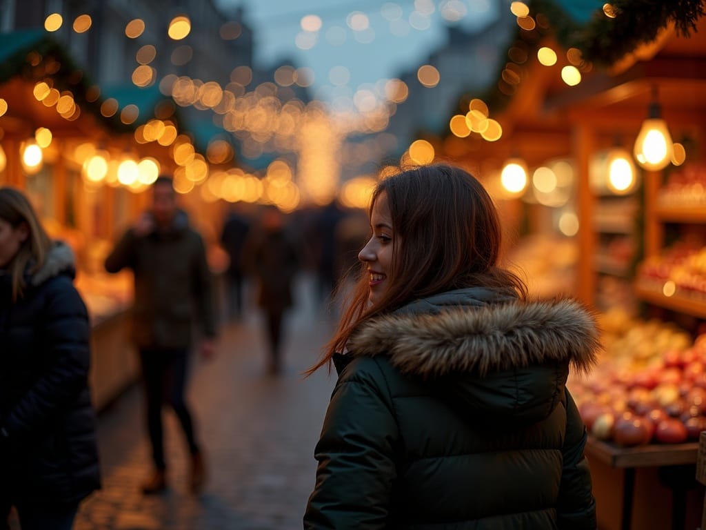 Dansk familie nyder sunde snacks på britisk julemarked i aftenlys