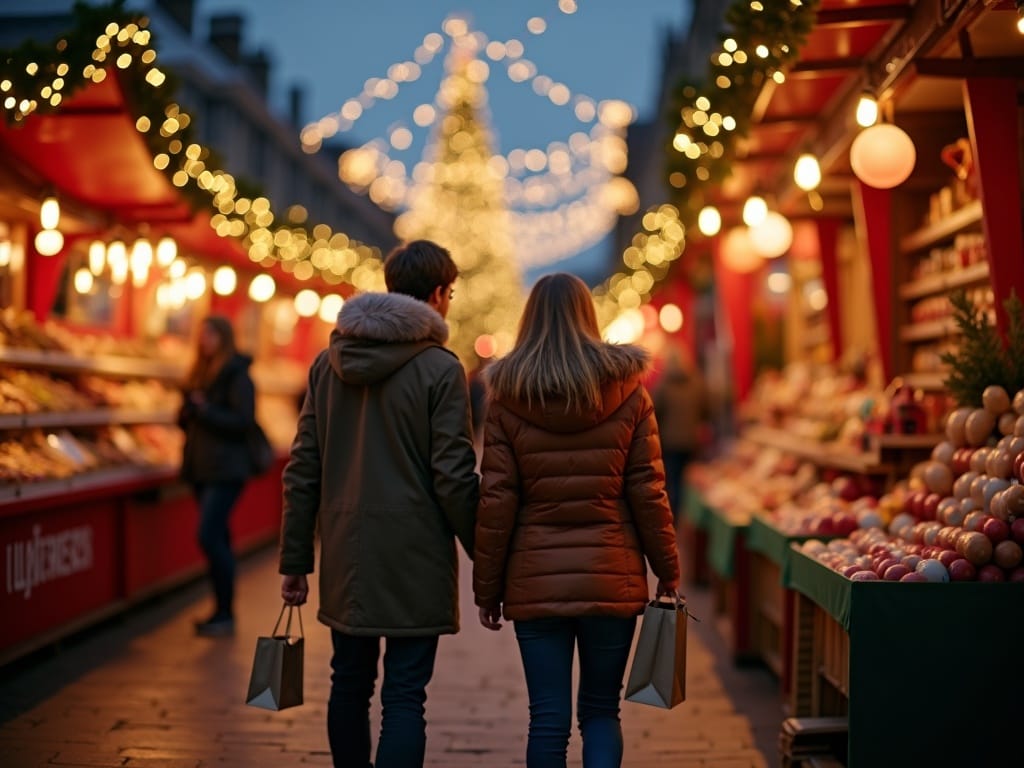 Dansk familie nyder taxfree shopping på britisk julemarked om aftenen