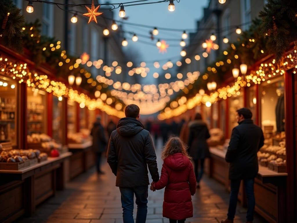 Dansk familie nyder aftenmarked i London med julelys og farverige boder