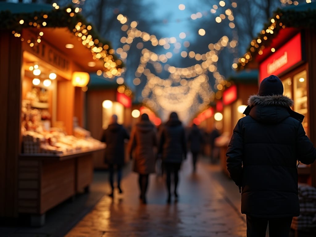 Dansk familie besøger julemarked i London med julelys og dekorationer omkring