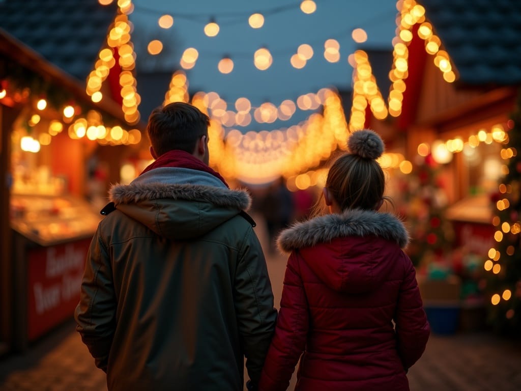 Dansk familie nyder aftenstemning på britisk julemarked med lys og boder