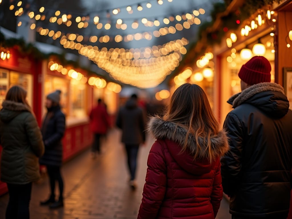 Familie nyder julemarked i London med festlige lys og boder