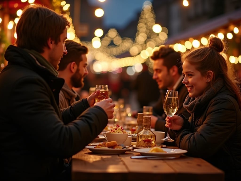 Familie nyder julemarked i UK med lys i røde, grønne og gyldne toner