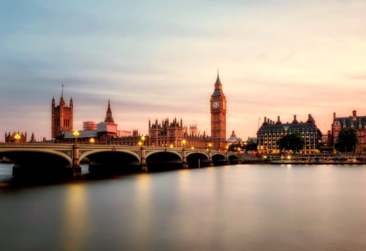 London skyline med Big Ben og Themsen i baggrunden